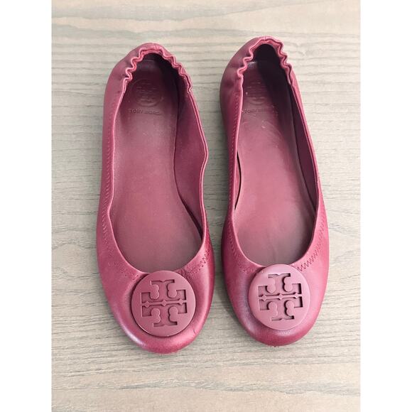 Tory Burch Minnie Travel Flats In Burgundy Leather Flats Loafers - Picture 1 of 5